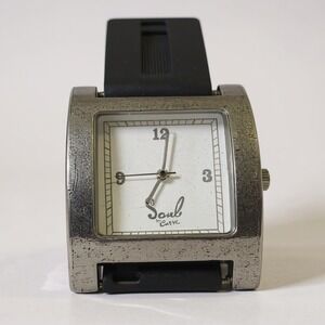 Soul by Curve Womens Tank Watch Square Silver Case White Dial Black Rubber Strap